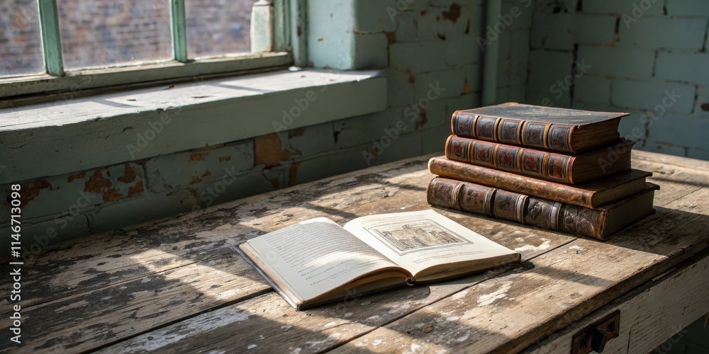 Poster a well-worn wooden table with an open book resting on it, catching the sunlight from a nearby window