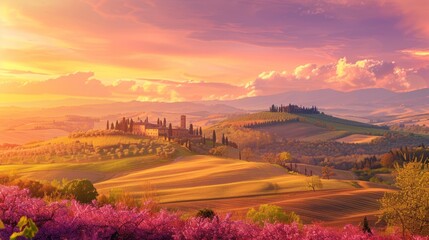 Fototapeta premium Tuscan Sunset: Golden Hills and Blossoming Spring