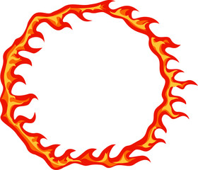 Bright orange and red stylized flames create a burning circular frame on a white background, providing a vibrant and energetic design element