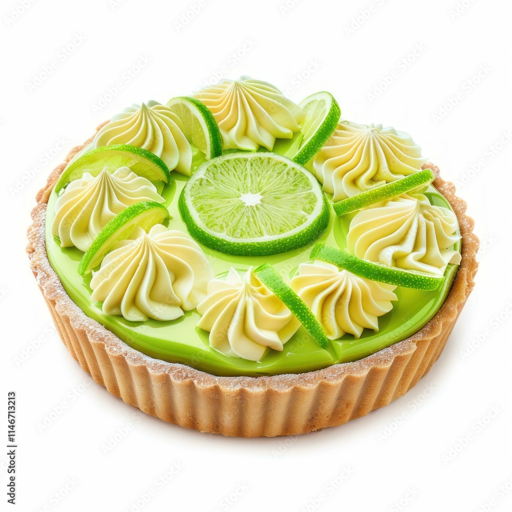 Poster key lime pie with whipped cream and lime slices, creating a visually appealing dessert