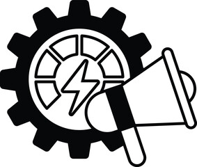 A graphic of a gear with a lightning bolt and a megaphone