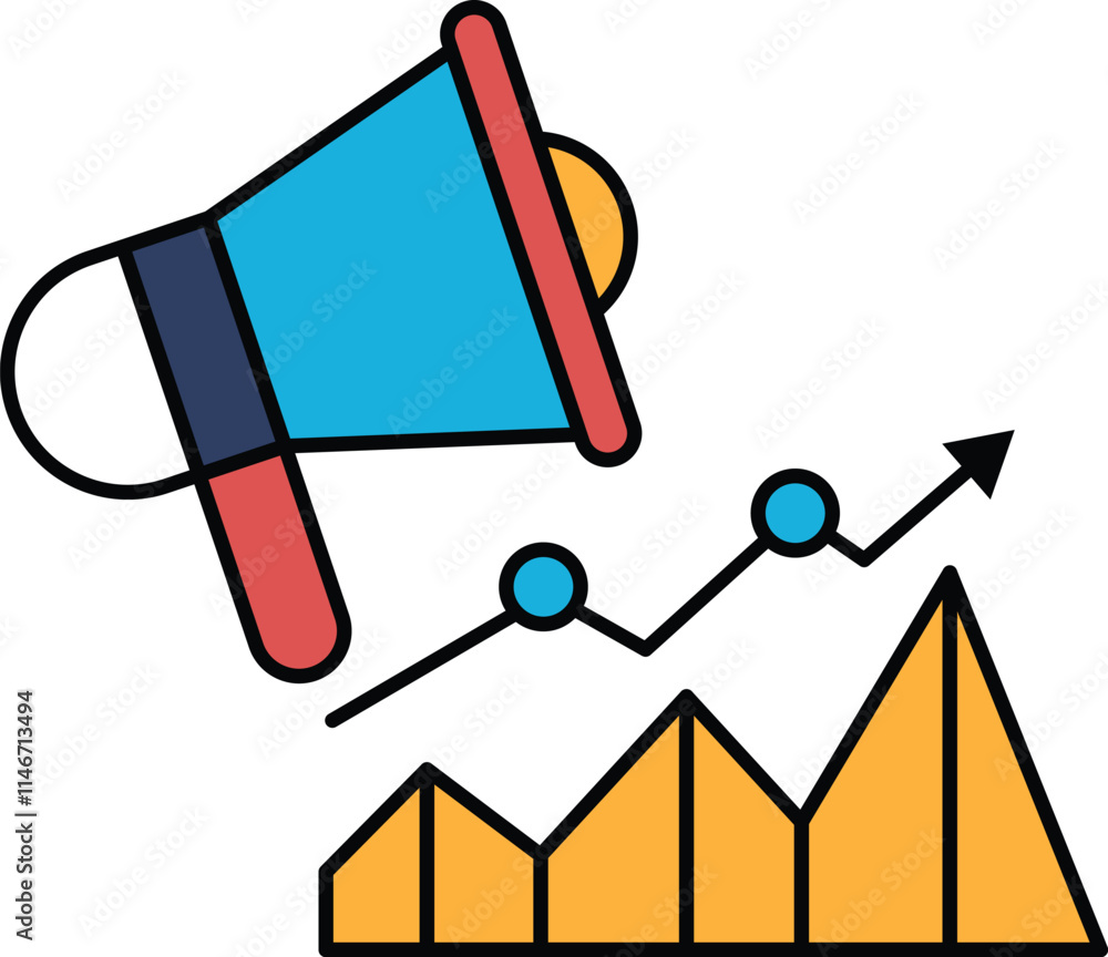 Poster a megaphone is above a graph with a line going up