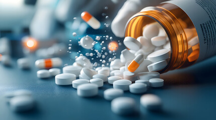 Spilled orange pill bottle with white tablets and capsules scattering, symbolizing pharmaceutical production and healthcare innovation