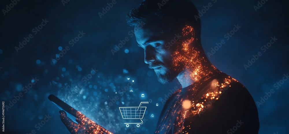 Poster a man interacts with a digital device, surrounded by glowing data elements.
