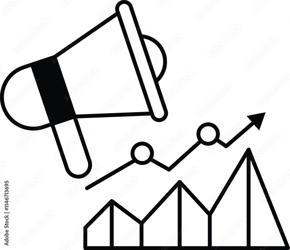 Poster a megaphone is above a graph with a line going up