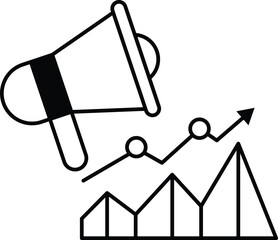 A megaphone is above a graph with a line going up