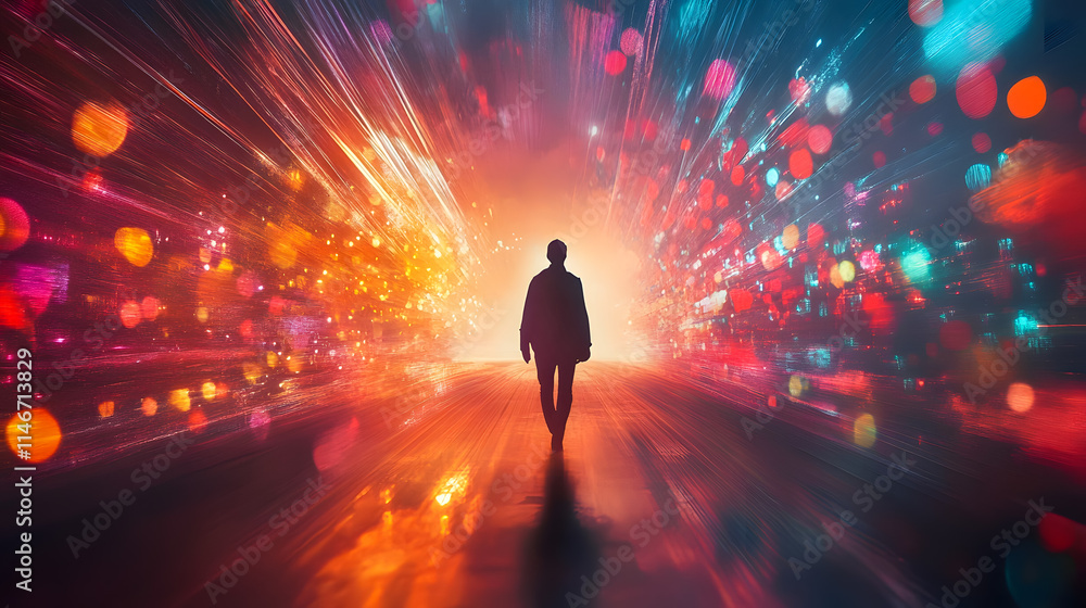 Poster a lone figure walks toward a vibrant light source in an abstract digital landscape filled with color