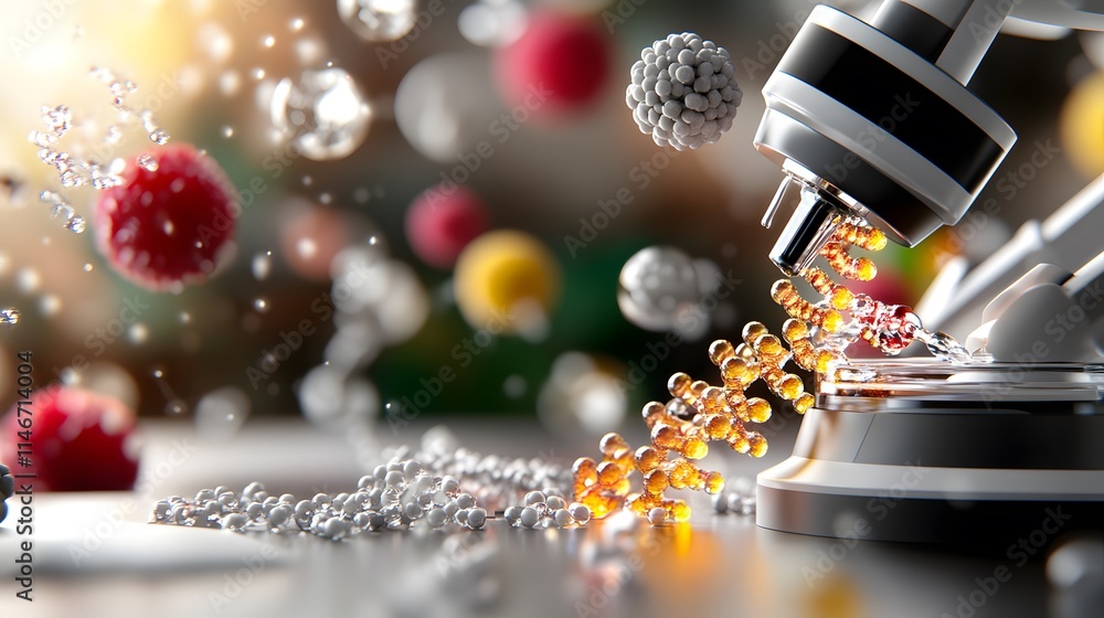 Poster close-up of a microscope analyzing molecular structures with colorful particles and dna-like strands
