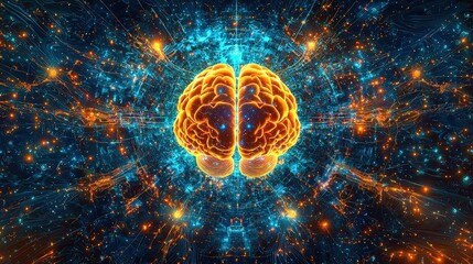 Futuristic digital brain illustration with glowing neural networks in vibrant blue and orange. Perfect for themes of AI, innovation, and advanced technology.