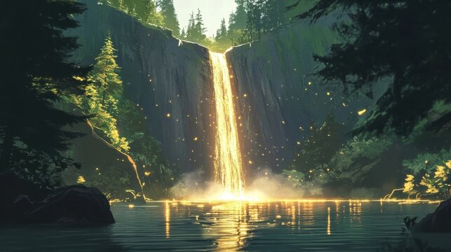 magical golden waterfall in lush forest serene nature scene fant
