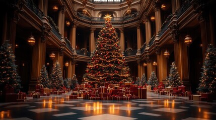 Obraz premium A festive hall decorated for Christmas with a large tree and numerous presents.