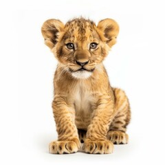 Adorable lion cub sitting and looking at the camera on white background