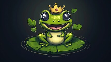 Fototapeta premium A cheerful frog wearing a crown sits on a lily pad, embodying a whimsical, playful theme.