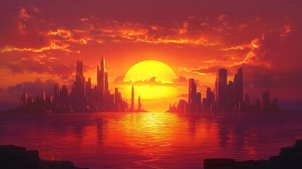 fiery sunset over futuristic cityscape