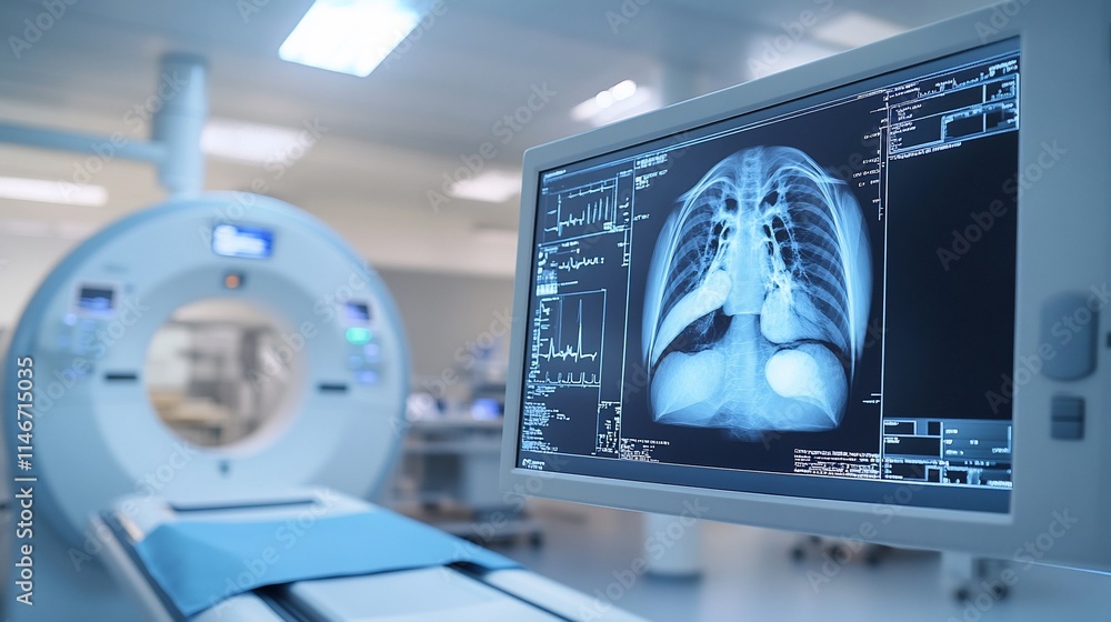 Poster a medical imaging setup displaying a lung x-ray on a monitor.