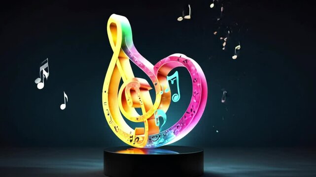 A glowing treble clef symbol with vibrant neon colors and musical notes floating in the background on a black surface, representing creativity, art, and music themes.