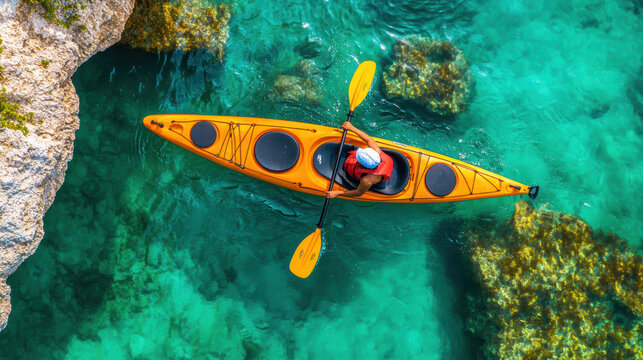 vibrant aerial view of kayaker paddling through crystal clear turquoise waters surrounded by rocky formations, showcasing adventure and natural beauty