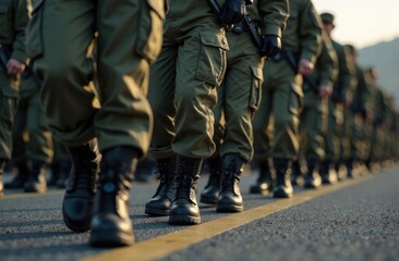 closeup on synchronized marching legs of soldiers in line at parade ground. discipline, military training, national defense service, war concept
