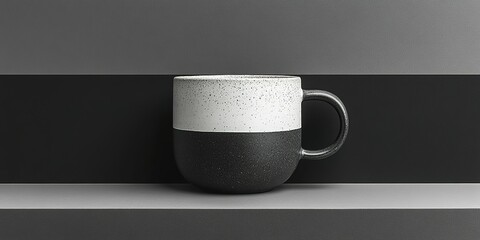Modern ceramic mug featuring a minimalist design with contrasting black and white colors on display