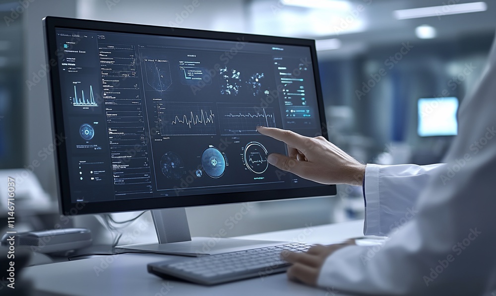 Poster a medical professional interacts with a high-tech monitoring system on a screen.