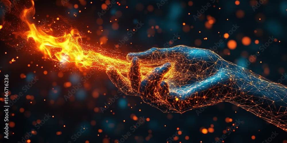 Poster vibrant hand controlling flame with glowing connections creates a surreal visual effect in a dark se