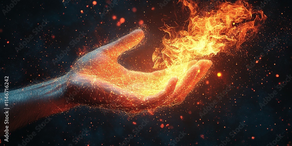 Aufkleber hands expressing power through flames in a dark setting with glowing embers floating around