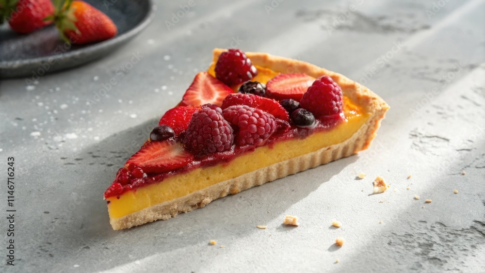 Wall mural A single slice of fruit tart with a buttery crust and a bright yellow custard filling, topped with fresh strawberries, raspberries and blueberries.