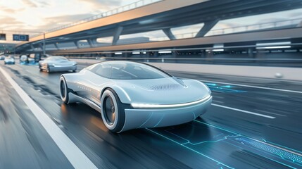 Fototapeta premium Sleek modern car seamlessly merging with another on futuristic highway, symbolizing technological integration and innovation in automotive design and transportation advancements.