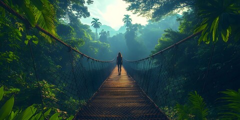 Fototapeta premium A solo traveler on a suspension bridge in a lush tropical rainforest gazes at towering trees in awe, evoking peace and wonder. Ideal for ecotourism promotion or inspiring personal travel adventures.