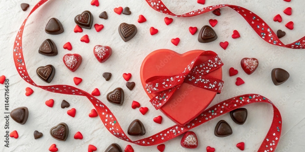 Poster A red heart-shaped box tied with a sparkly red ribbon surrounded by chocolate hearts and tiny red hearts on a white surface.
