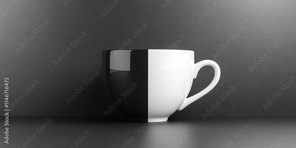 Poster unique black and white cup design displayed on a minimalist surface in a modern setting