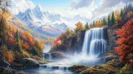 autumn waterfall landscape painting majestic mountains fall foli