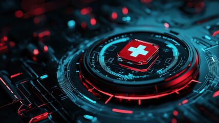 A futuristic, digital interface featuring a prominent red cross symbol, surrounded by glowing blue and red circuitry patterns.