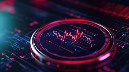 A futuristic digital display featuring a heartbeat waveform in vibrant red against a dark, tech-inspired background.