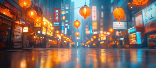 Obraz premium Rainy night in a vibrant city street with glowing lanterns reflecting on wet pavement.