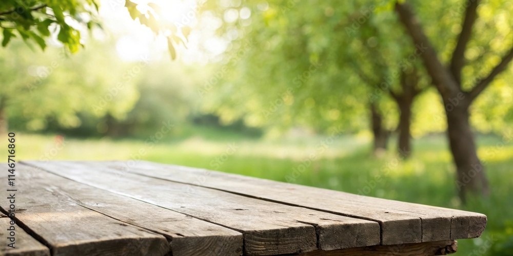 Aufkleber rustic wooden tabletop with a blurred background of lush greenery and sunlight