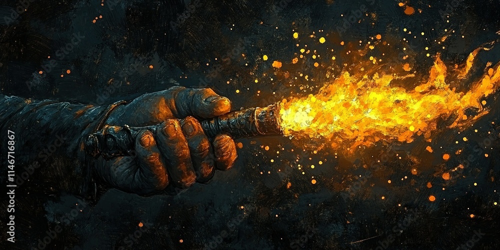 Poster hand grips flaming torch against dark backdrop, creating a dramatic and intense atmosphere