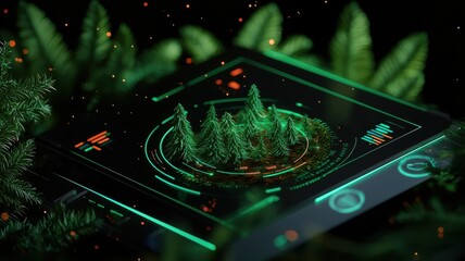 A futuristic interface displays a holographic forest surrounded by vibrant greenery, blending technology with nature.