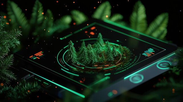 A futuristic interface displays a holographic forest surrounded by vibrant greenery, blending technology with nature.