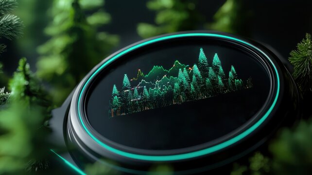 A sleek, circular design features a forest scene in glowing green, surrounded by lush greenery, evoking a serene, nature-inspired atmosphere.