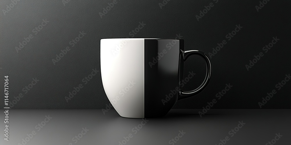 Poster contrast of black and white mug displayed on simple dark background showcasing modern design element