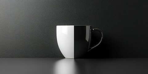 Stylish black and white mug rests on a dark surface against a textured backdrop in a modern setting