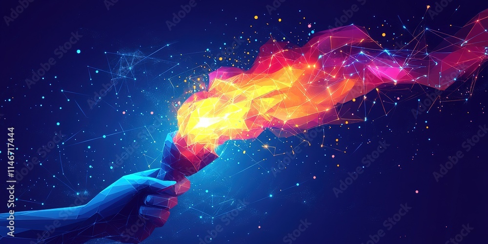Poster digital rendering of a hand holding a vibrant torch with flames in a cosmic background with bright c