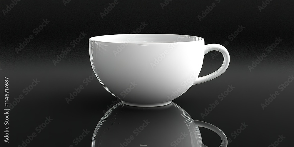 Poster white ceramic cup with smooth surface and simple design resting on a reflective black table