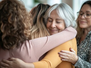 Diverse group of middle-aged women sharing a heartfelt group hug, radiating joy, unity, and support. Perfect for themes of friendship, sisterhood, and community bonding.