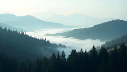 Obraz premium Misty mountains, fogcovered valleys, dark evergreen trees. Suitable for naturethemed designs, travel brochures, inspirational posters, and website backgrounds.