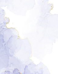 Purple mauve watercolor fluid painting vector design card. Dusty violet and golden marble geode frame. Winter wedding invitation. Ice veil texture. Dye splash style. Alcohol ink.Isolated and editable