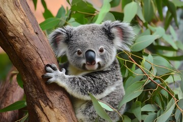 A koala perched on a tree branch surrounded by eucalyptus leaves.