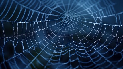 A realistic spider web with morning dew, isolated on a dark gradient background.