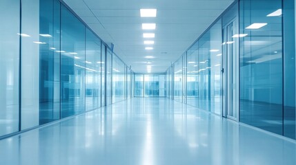 modern office corridor with glass walls and bright lighting